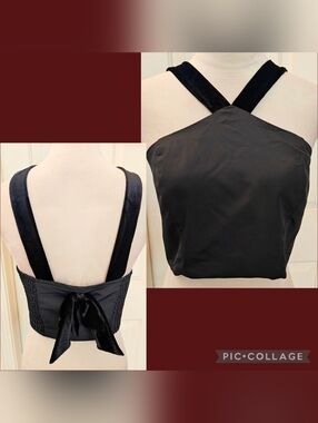 New The Occasion by Old Navy Taffeta & Velvet Cropped Smocked Halter Bow Top.